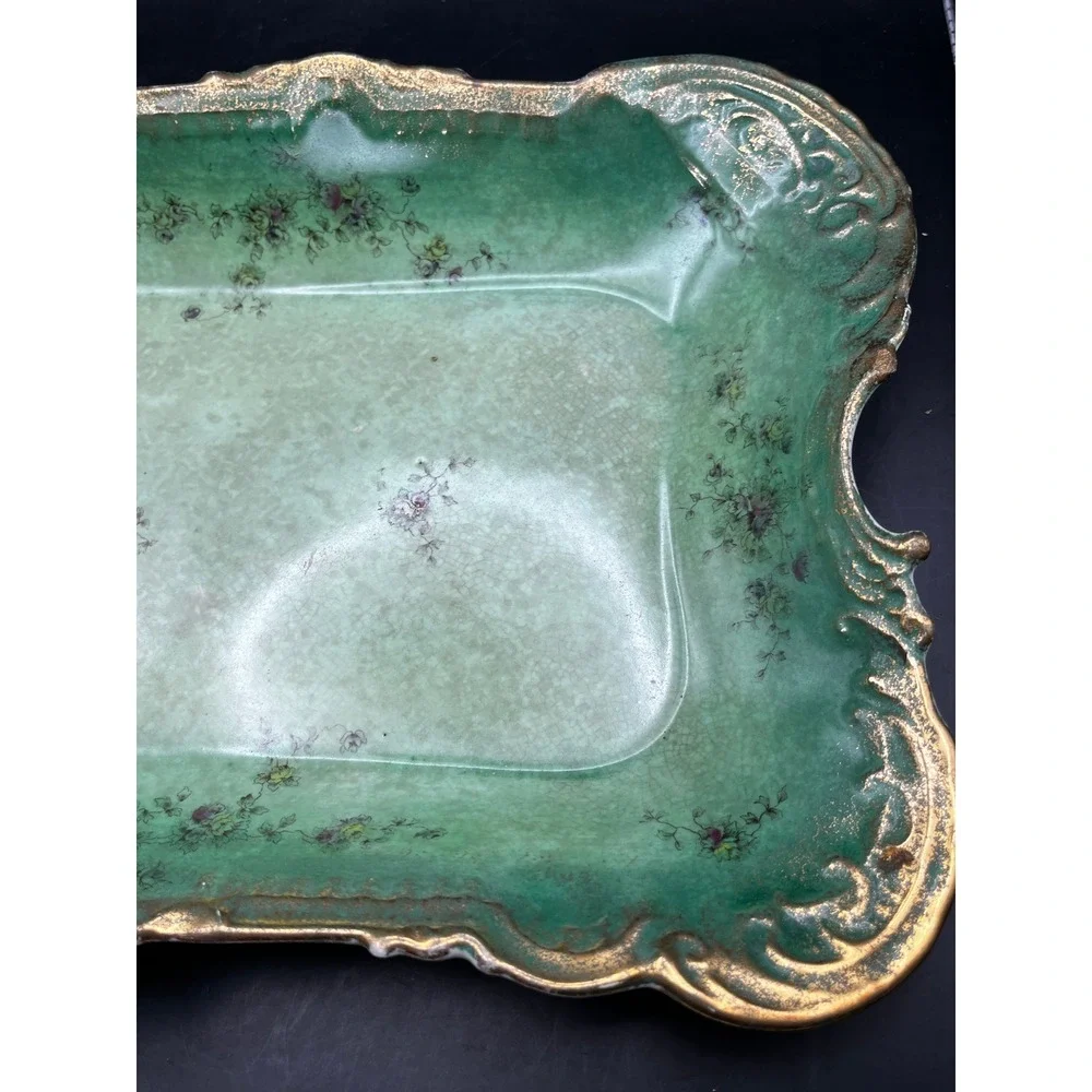 Antique Goodwins Majolica Green Rectangular Serving Tray Early 1900s 12x9